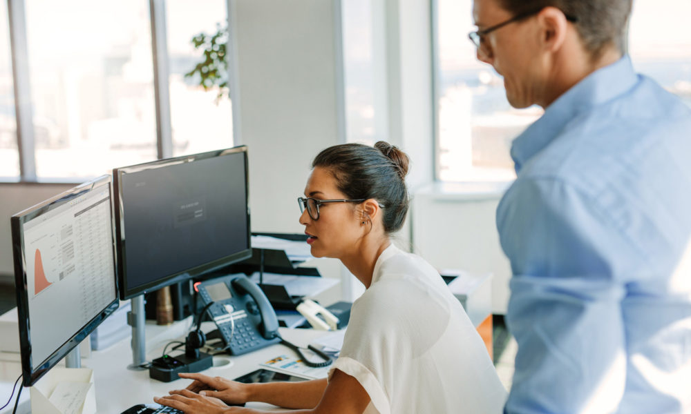 rau zeigt am Desktop wie Kreditkartenimporte funktionieren Frau zeigt am Desktop wie Kreditkartenimporte funktionieren